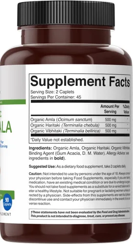 Miniatura 4 de Brieofood Triphala Orgánica 1500mg, 45 Porciones, Vegetariana, Sin Gluten, 90 Tabletas Vegetarianas