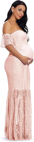 Miniatura 4 de ZIUMUDY Vestido de maternidad con hombros descubiertos y mangas de encaje con volantes estilo sirena para mujer, ideal para sesiones de fotos y baby