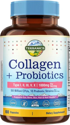 Terranics Péptidos de colágeno múltiple tipo I, II, III, V, X, 1000 mg por porción, con probióticos 50 mil millones de UFC, 10 cepas, apoya la salud