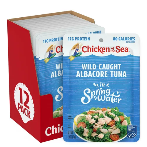 Miniatura 11 de Chicken of the Sea Atún ligero capturado en agua de manantial, paquetes de 2.5 onzas, 12 unidades, atún alto en proteínas 100% en agua, comidas