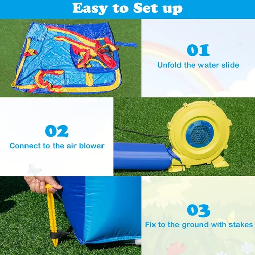 Miniatura 6 de OLAKIDS Tobogán acuático inflable, parque acuático 8 en 1 con 2 toboganes, pared de escalada, pistola de agua, borde de baloncesto, carrera
