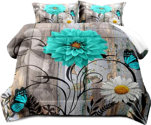 Miniatura 2 de LUVIVIHOME Juego de edredón floral verde azulado, tamaño Queen, juego de ropa de cama de dalia turquesa y margarita blanca, margarita azul
