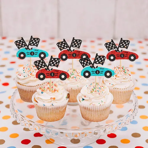 Miniatura 5 de 24 piezas de adornos para cupcakes de coche de carreras, trofeo brillante, bandera de carreras, decoraciones de pastel con temática de carreras