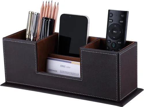 Miniatura 12 de KINGFOM Organizador de escritorio para suministros de oficina, caja de almacenamiento de piel sintética, 4 compartimentos divididos para bolígrafos
