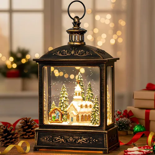 Miniatura 22 de Globo de nieve de Navidad con agua brillante de muñeco de nieve con música y temporizador, linterna iluminada con pilas para regalos de decoración