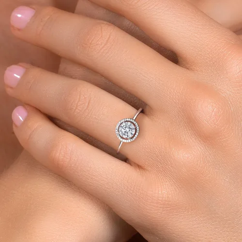 Miniatura 81 de Gem Stone King Anillo de compromiso de boda de oro blanco de 10 quilates con piedra natal y halo de diamantes Redondo de 0.236 in Anillo de oro