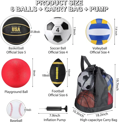 Miniatura 2 de Realspring Juego de 6 pelotas deportivas múltiples para niños y adolescentes, tamaño oficial, fútbol, voleibol, pelota de juegos infantiles, béisbol