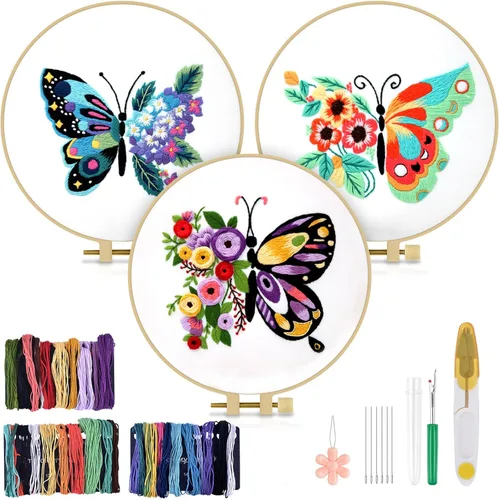 TINDTOP 3 juegos de kit de práctica de bordado, kit de bordado de mariposas y flores para principiantes incluye tela, aros, hilos para amantes de