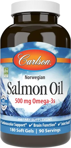 Carlson Aceite de salmón, 500 mg de omega-3, aceite de pescado capturado en la naturaleza noruego, de origen sostenible, 180 cápsulas blandas