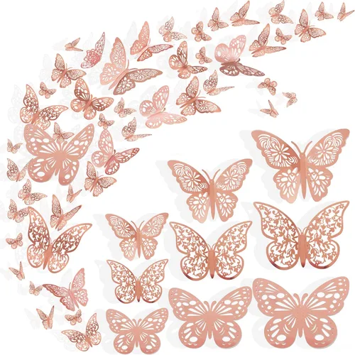 Miniatura 13 de 72 piezas de decoración de pared de mariposa, 3 estilos, 3 tamaños, mariposa 3D, mariposa dorada y oro rosa, decoraciones de boda, decoraciones