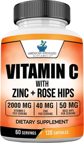 Miniatura 6 de American Standard Supplements Vitamina C 2000mg, Zinc 40mg, y Escaramujo 50mg por Porción – Vegano, Sin Gluten, Sin OMG (60 Unidades)