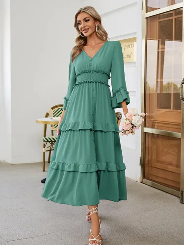 Miniatura 5 de Amegoya Vestido largo de manga larga con cuello en V bohemio para mujer, de verano, para invitadas de boda, de estilo fluido, para compromisos