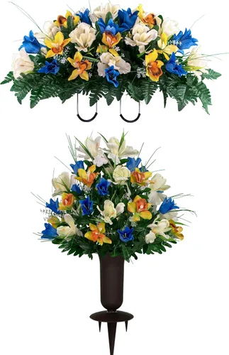 Miniatura 21 de Sympathy Silks Flores de cementerio artificiales - Decoración de tumbas - Tulipanes rojos e iris blancos (1) Ramo Rojo Blanco