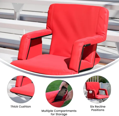 Miniatura 5 de Flash Furniture Malta - Asiento de estadio portátil extra ancho para gradas o bancos, silla de estadio acolchada con correas para mochila y Rojo