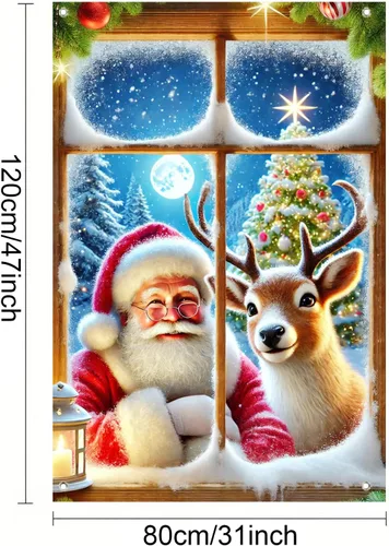 Miniatura 3 de BlissYard Cubierta de ventana de Navidad de 31 x 47 pulgadas, Papá Noel y reno, escena de nieve de invierno, decoración de vacaciones, fondo festivo