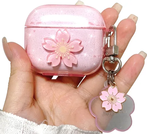 Funda con diseño de flor de cerezo para AirPod Pro de 2ª generación con bonito llavero floral, bonito y brillante, TPU suave, a prueba de golpes,