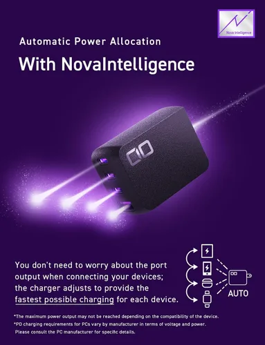 Miniatura 5 de CIO NovaPort Quad II 67W3C1A - Bloque de cargador GaN de 65 W, adaptador compacto de 4 puertos con 3 puertos USB-C y 1 USB-A, carga rápida USBC