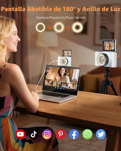 Miniatura 2 de W&O - Cámara digital para adolescentes, cámara digital para niños con tarjeta SD de 32 G, cámara de pantalla abatible de 180° para fotografía, Crema