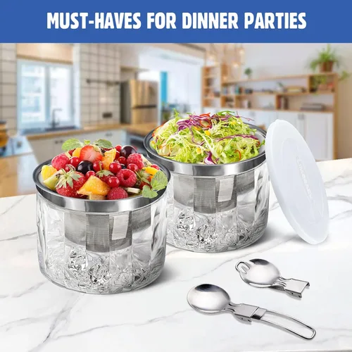 Miniatura 4 de LIMOEASY Paquete de 2 tazones pequeños refrigerados para servir, 25 onzas, cuenco enfriado con hielo para salsas con tapa para fiestas, plato