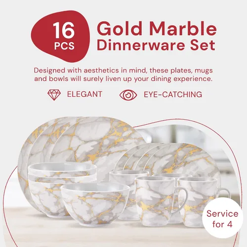 Miniatura 2 de Safdie & Co - Juego de vajilla de cerámica de porcelana de 16 piezas, diseño ligero, apilable, en acabado mármol dorado/gris dorado (Gold Marble)