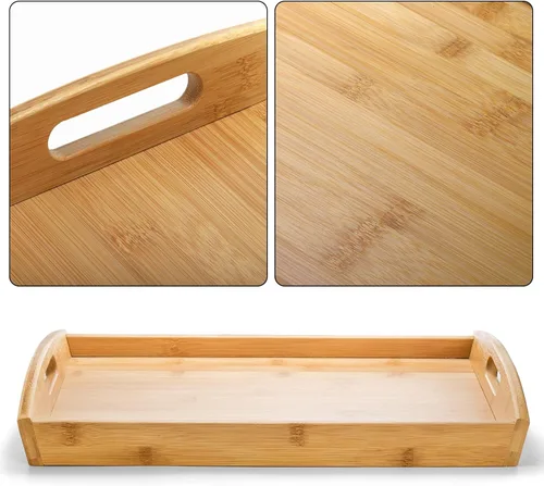 Miniatura 4 de Peohud Paquete de 4 bandejas de bambú para servir con asas, bandeja rectangular de comida de cocina para comer, bandejas de cena para comer