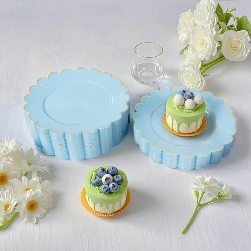 Miniatura 5 de LIYH - 100 platos de plástico azul, bordes festoneados de 7.5 pulgadas, platos desechables para postre/ensalada, color azul con borde dorado, platos