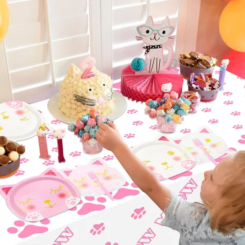 Miniatura 6 de 81 piezas de decoraciones de fiesta de cumpleaños de gatos, incluyendo platos de gato rosa y blanco, servilletas para mascotas y mantel MEOW