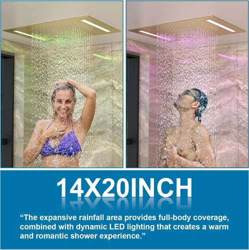 Miniatura 9 de Enga Sistema de cabezal de ducha doble, cabezal de ducha LED de lluvia de 14 x 20 pulgadas con cabezal de pared de 6 pulgadas, juego de grifo de Oro