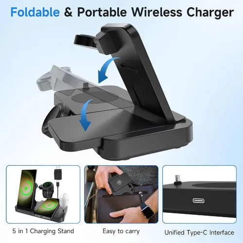 Miniatura 2 de Cargador inalámbrico para estación de carga Samsung, EWUONU Samsung 5 en 1, cargador inalámbrico rápido plegable para Samsung Galaxy S23 Ultra S22