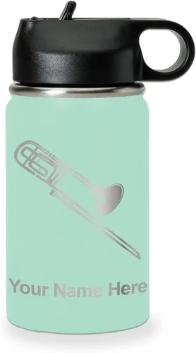 Miniatura 60 de LaserGram Botella de agua personalizada, trombón, acero inoxidable de doble pared aislada al vacío con popote superior, regalo grabado personalizado