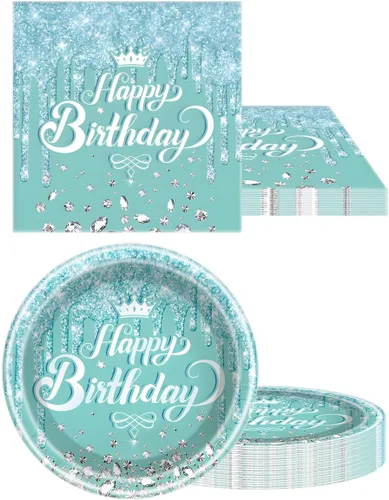 Miniatura 5 de Juego de vajilla verde azulado y plateado, tema de feliz cumpleaños azul, 20 platos y 20 servilletas y manteles de 71'' x 42'' para niñas y mujeres