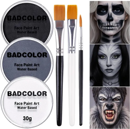 Miniatura 10 de Pintura corporal y facial negra y blanca de payaso con 3 pinceles de pintura, paleta de maquillaje SFX a base de agua para niños y adultos, pintura