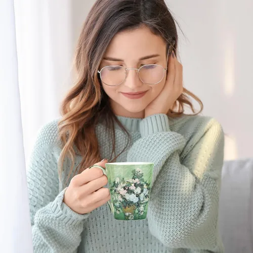 Miniatura 6 de Juego de 4 tazas de café, tazas de porcelana de porcelana de hueso de 12 onzas con impresión artística, mango grande, apto para lavavajillas