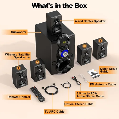Miniatura 7 de Bobtot Sistema de sonido envolvente inalámbrico, sistema de cine en casa, altavoces envolventes de 1000 W, subwoofer de 8 pulgadas, graves profundos