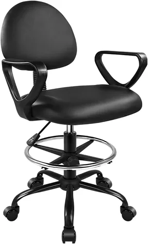 KKTONER Silla de dibujo negra con reposapiés giratorio de piel sintética con ruedas, silla de oficina ajustable en altura con reposabrazos, silla de