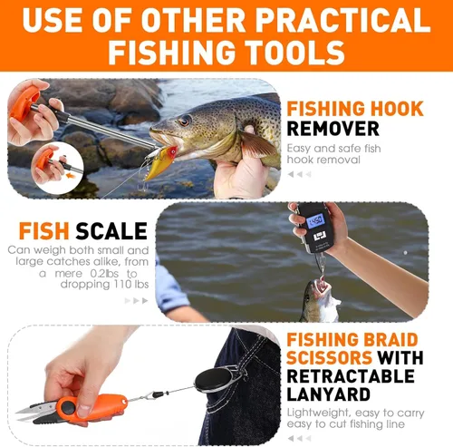 Miniatura 6 de RoundFunny Kit de herramientas de pesca de 10 piezas, alicates de pesca con cordón y fundas protectoras, salabre, cuchillo de filete, balanza