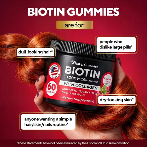 Miniatura 6 de VitaUp Gomitas de Biotina 10000mcg para Mujeres y Hombres - Gomitas Extra Fuertes para Cabello, Piel y Uñas con Colágeno - Suplemento Natural