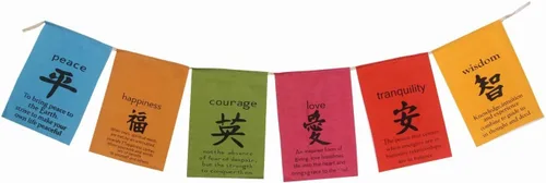 Bandera de oración tibetana inspiradora para colgar – Amor, paz, coraje, sabiduría, felicidad, tranquilidad
