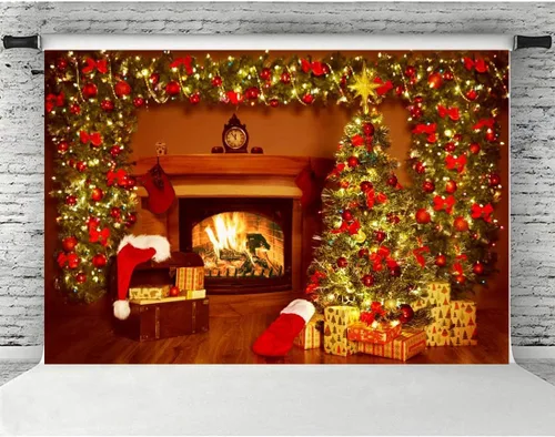 Miniatura 2 de Lofaris Telón de fondo de Navidad para chimenea, interior vintage, medias de árbol de Navidad, estrellas brillantes, fondo para fotografía, retrato