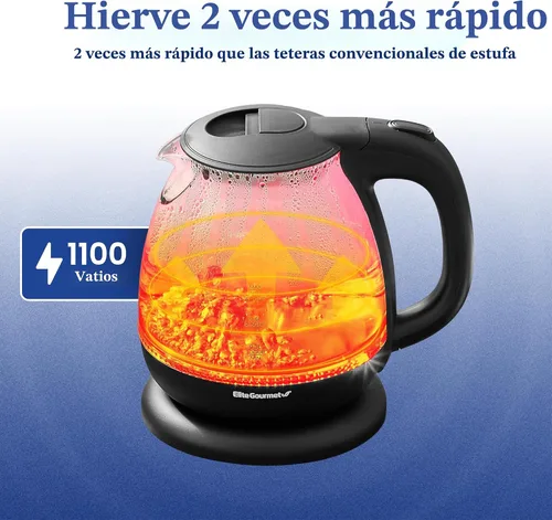 Miniatura 2 de Pava eléctrica de Elite Gourmet EKT1001, de 1,0 L, sin BPA, de 1100 W, de cristal, inalámbrica, base de 360°, elegante interior con luz LED azul