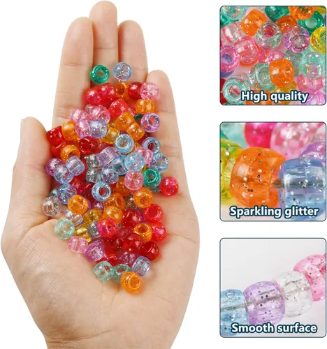 Miniatura 5 de Simetufy 1200 cuentas de poni de plástico transparente con purpurina de 0.236 x 0.394 pulgadas, cuentas transparentes con purpurina brillante, 10