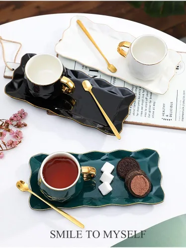 Nordic - Juego de cuchara y bandeja de café de cerámica, taza de té con patrón de diamante, taza de desayuno y cubiertos, taza, adecuada para café,