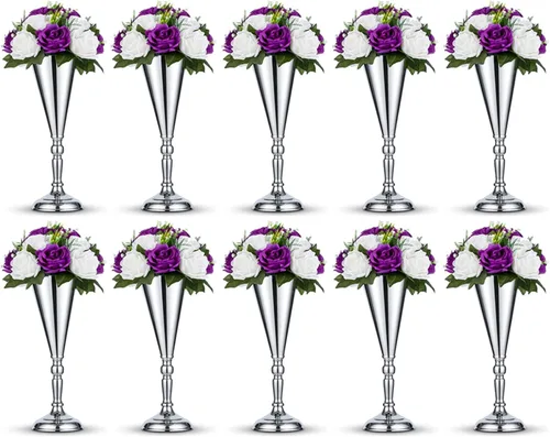 Miniatura 11 de 2 piezas de jarrón de metal para mesa de boda con flores en forma de trompeta, centro de mesa decorativo de 9.8 pulgadas, arreglos de flores