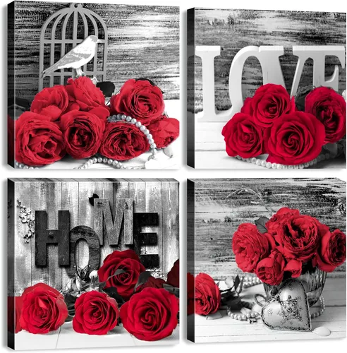 Miniatura 9 de Arte de pared de flores de rosa turquesa y verde azulado para el baño, decoración de pared floral turquesa, señal de amor en blanco y negro, Rosa