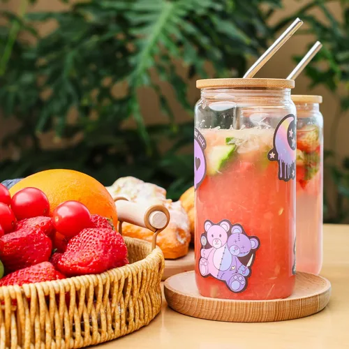 Miniatura 6 de ASKIZ 16 Vasos de Vidrio con Tapas de Bambú y Pajitas, Taza de Café Helado de 16 Oz, Juego de Vasos para Beber, Botellas de Agua de Vidrio