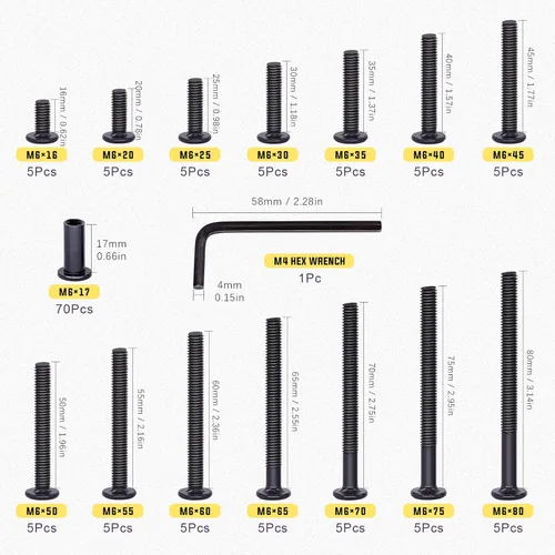 Miniatura 2 de Swpeet 141 piezas de 14 tamaños diferentes M6x16mm-3.150 in acero al carbono negro Hex Drive Socket Cap Tornillos Kit de tuercas de barril con 1