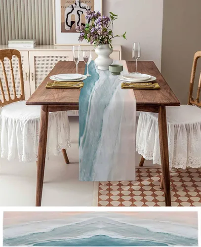 Miniatura 3 de Camino de mesa de playa de verano de 70 pulgadas de largo, bufandas de vestir estilo granja, náutico oceánico, costero, auqa, beige, mesa de comedor