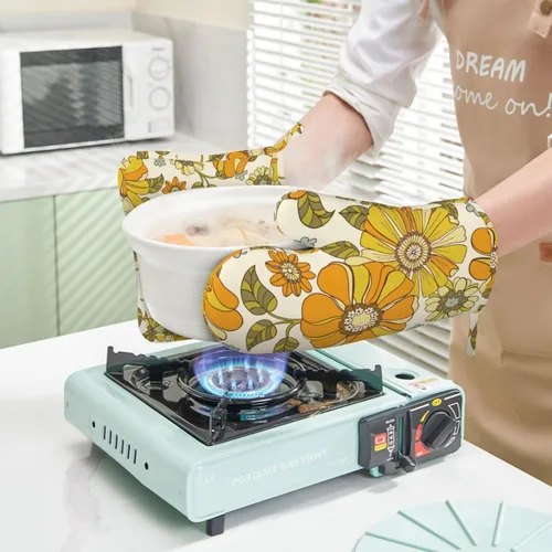 Miniatura 6 de Juego de guantes de horno y soportes para ollas con flores estilo retro de los años 70, guantes de cocina de silicona, resistentes al calor, 4 Flor