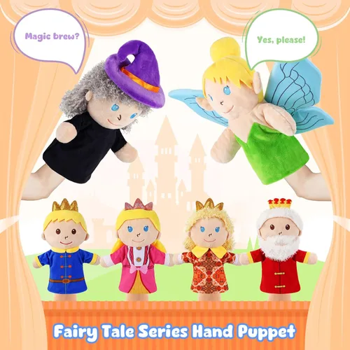 Miniatura 2 de 6 piezas de marionetas de mano de castillo de cuentos de hadas, reina y rey, princesa y príncipe, elfo y bruja, juguetes de peluche para niños