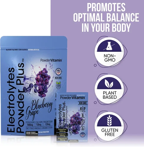Miniatura 6 de PowderVitamin Electrolitos en polvo Plus, Keto, uva de arándano, sin azúcar, sal rosa del Himalaya, 1000 mg de potasio, 120 mg de calcio, 120 mg